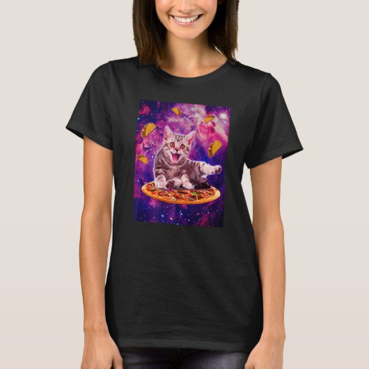 Cat Riding Pizza In Space Galaxy Taco Kitten Cats T-shirt (Voorkant)