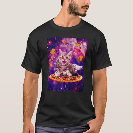 Cat Riding Pizza In Space Galaxy Taco Kitten Cats T-shirt (Voorkant)