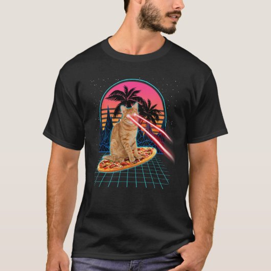 Cat Riding Pizza Laser Eyes 80s Cat In Space Cats T-shirt (Voorkant)