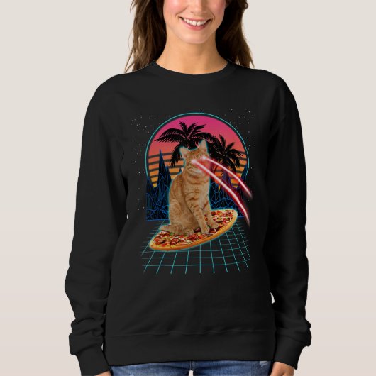 Cat Riding Pizza Laser Eyes 80s Cat In Space Cats Trui (Voorkant)