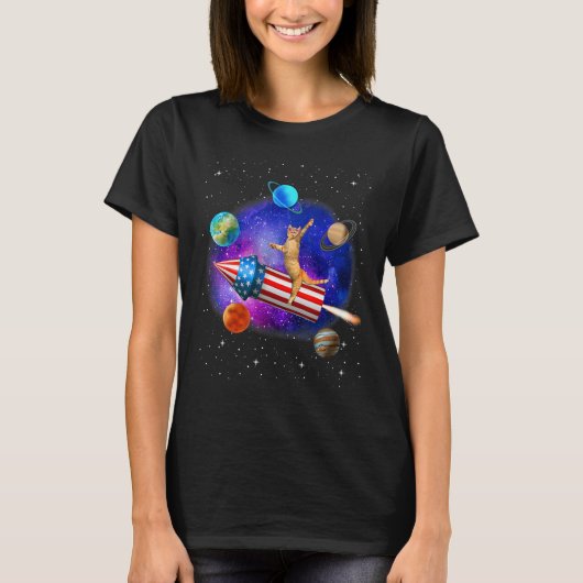 Cat Riding Rocket Firework Meowica In Galaxy 4th o T-shirt (Voorkant)