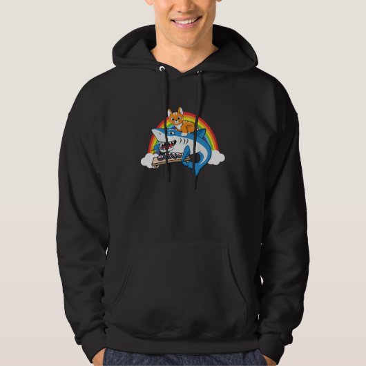 Cat Riding Shark Eating Sushi With Rainbow For Cat Hoodie (Voorkant)