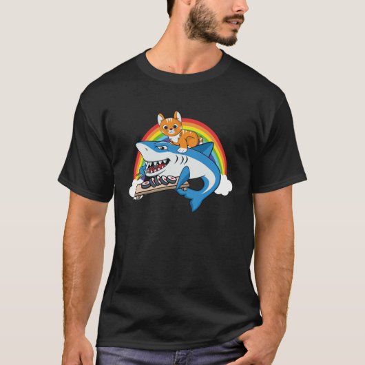 Cat Riding Shark Eating Sushi With Rainbow For Cat T-shirt (Voorkant)