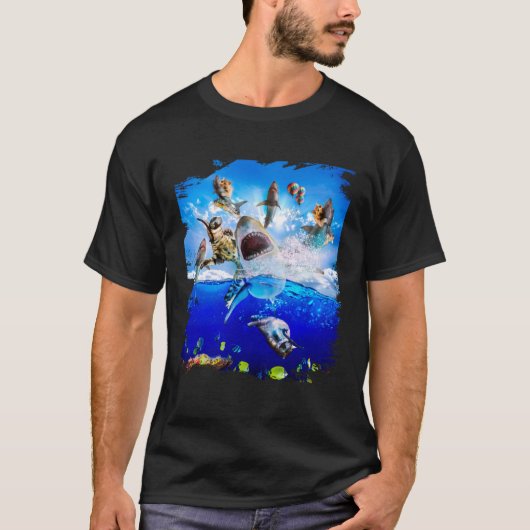 Cat riding shark in the ocean on the beach t-shirt (Voorkant)