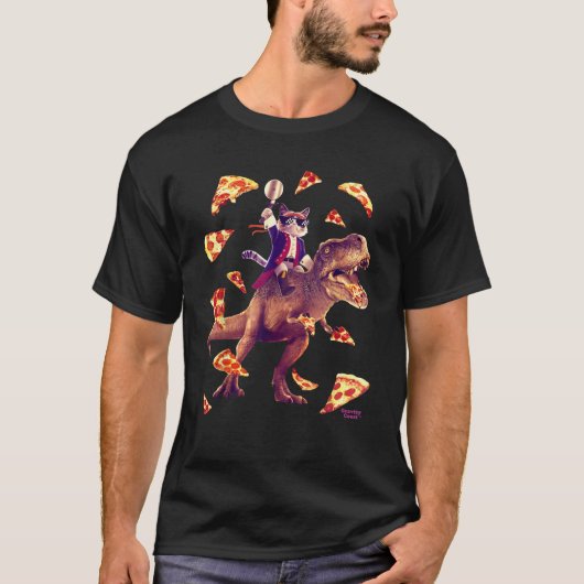 Cat Riding T Rex Shirt Cat Eating Pizza Shirt Funn (Voorkant)