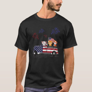 Cat Riding Truck American Flag Fireworks 4th of J T-shirt