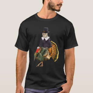 Cat Riding Turkey-Cat Thanksgiving Pilgrim Costume T-shirt