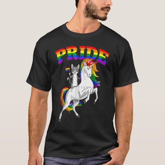 Cat Riding Unicorn Gay Pride Rainbow Lgbtq T-shirt (Voorkant)