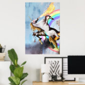 Cat Riding Unicorn met Pistool Poster (Thuiskantoor)