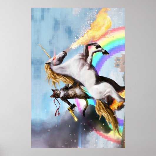 Cat Riding Unicorn met Pistool Poster (Voorkant)