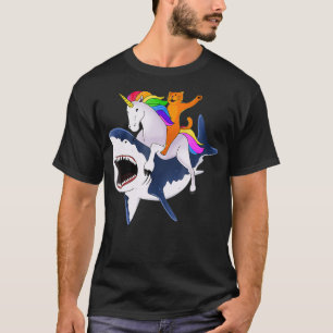 Cat Riding Unicorn Riding Shark Gift T-shirt