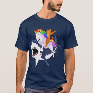 Cat Riding Unicorn Riding Shark Gift T-shirt