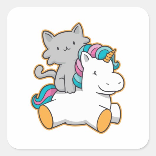 CAT RIDING UNICORN VIERKANTE STICKER (Voorkant)