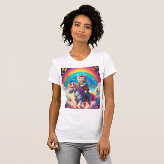 Cat Riding Unicorn with Rainbows and Butterflies T-shirt (Voorkant volledig)