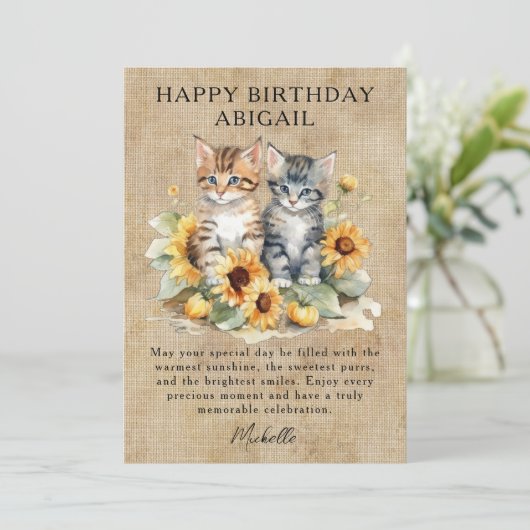 Cat Rustieke Zonnebloemen en Kittens Verjaardags K (Staand voorkant)
