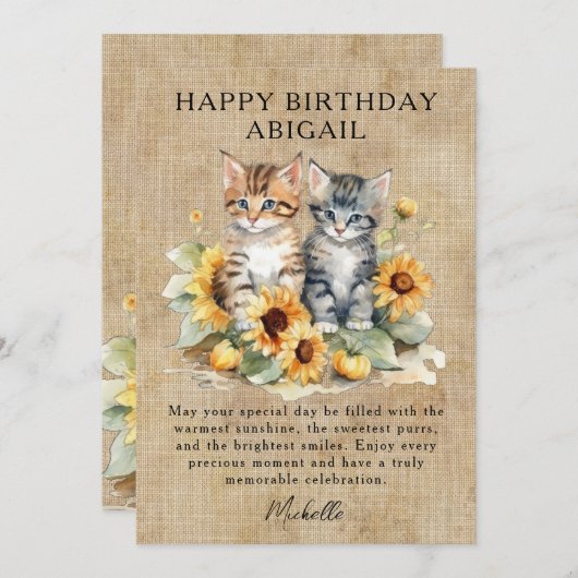 Cat Rustieke Zonnebloemen en Kittens Verjaardags K (Voorkant / Achterkant)