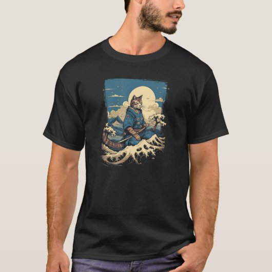 Cat Samurai & The Great Wave  Enchanting Japanese  T-shirt (Voorkant)