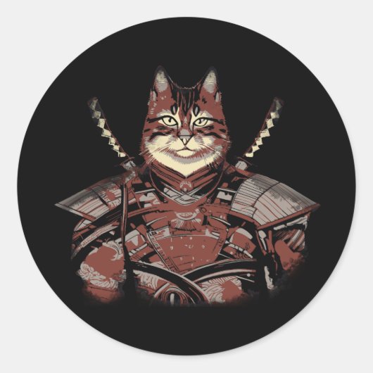 Cat Samurai Warrior Japans Ronde Sticker (Voorkant)