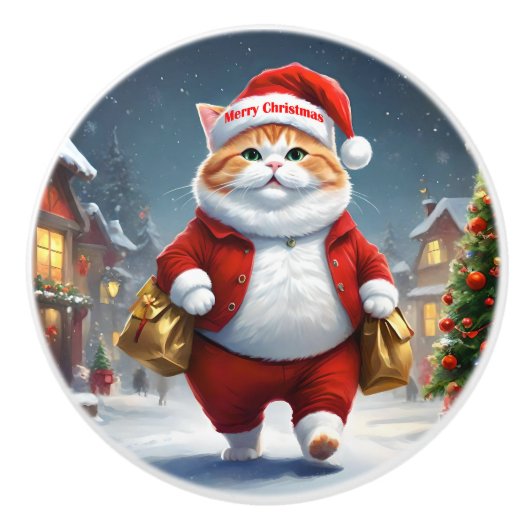 Cat Santa Claus, Keramische Knop (Voorkant)