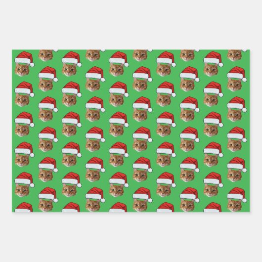 Cat Santa Hat | Aangepaste Gezichtsfoto Roze Kerst Inpakpapier Vel (Voorkant 3)