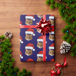 Cat Santa Hat Custom Gezicht Foto Kerstmis Cadeaupapier