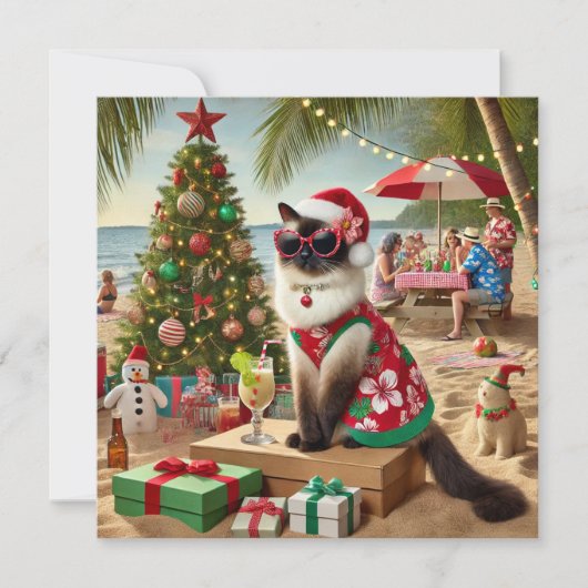 Cat Santa Jurk voor Kerstmis in juli op het strand Feestdagenkaart (Voorkant)