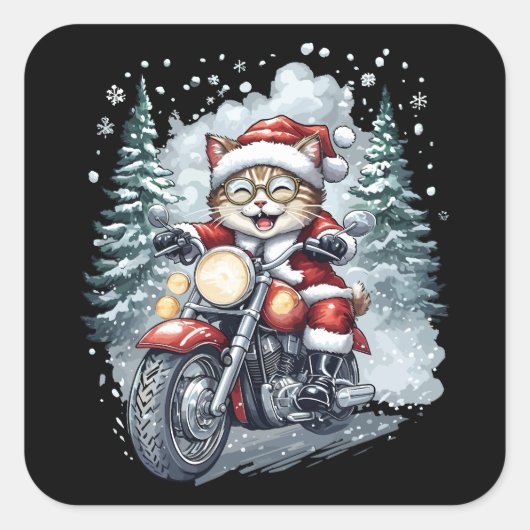 Cat Santa Motorcycle Black Background Vierkante Sticker (Voorkant)