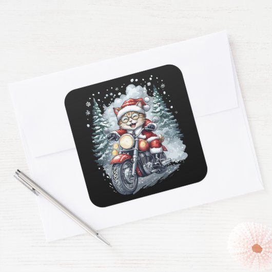 Cat Santa Motorcycle Black Background Vierkante Sticker (Envelop)