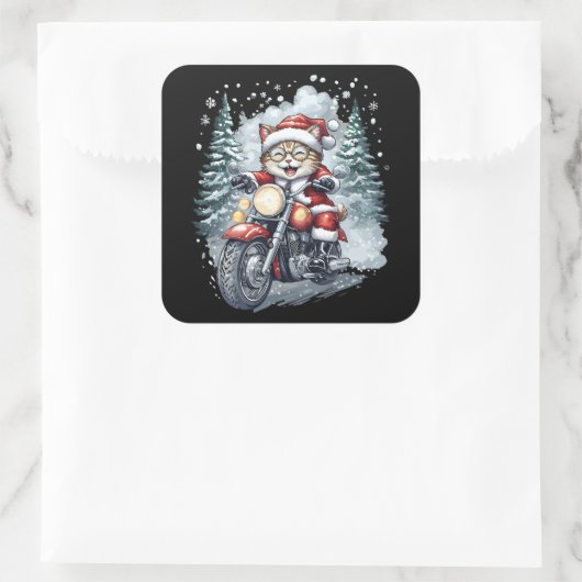Cat Santa Motorcycle Black Background Vierkante Sticker (Tas)