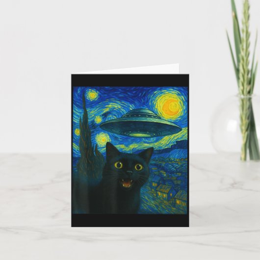 Cat Selfie With Alien Ufo Night Van Gogh Men Women Kaart (Voorkant)