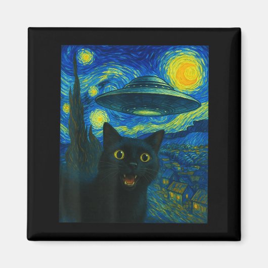 Cat Selfie With Alien Ufo Night Van Gogh Men Women Magneet (Voorkant)