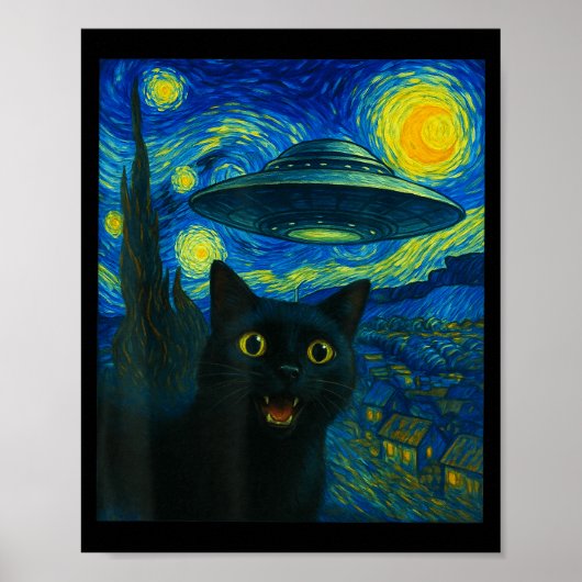 Cat Selfie With Alien Ufo Night Van Gogh Men Women Poster (Voorkant)