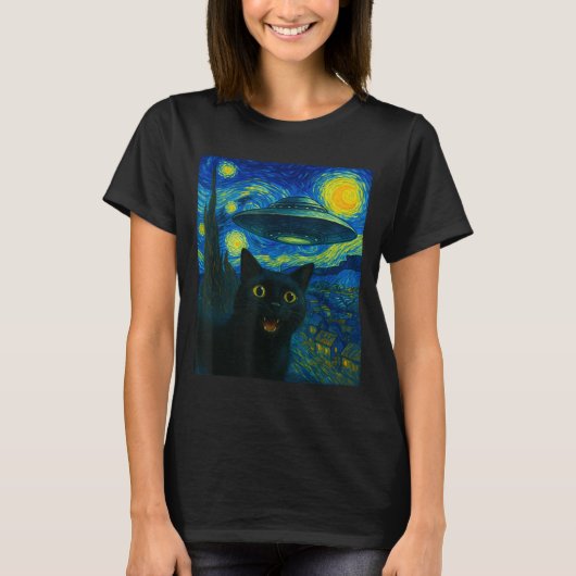 Cat Selfie With Alien Ufo Night Van Gogh Men Women T-shirt (Voorkant)