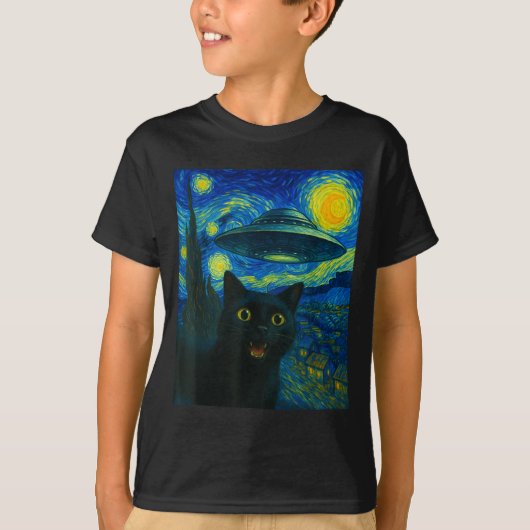 Cat Selfie With Alien Ufo Night Van Gogh Men Women T-shirt (Voorkant)