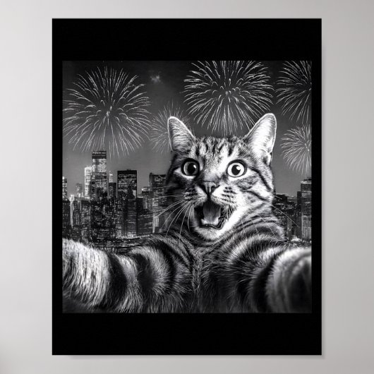 Cat Selfie With Firework In The City Funny Happy N Poster (Voorkant)
