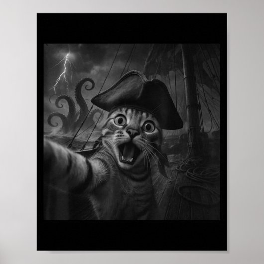 Cat Selfie With Kraken Octopus Funny Meme Men Wome Poster (Voorkant)