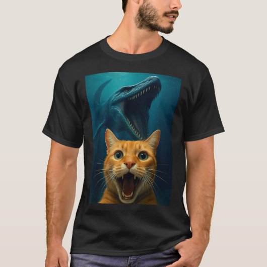 Cat Selfie With Mosasaurus Dinosaur For Boys Kids  T-shirt (Voorkant)