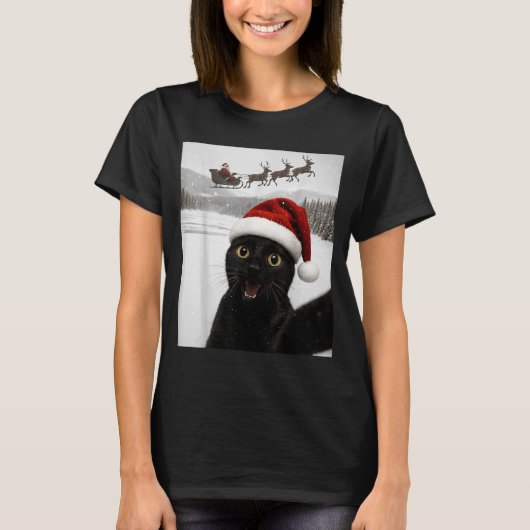 Cat Selfie With Santa Funny Black Cat Christmas Me T-shirt (Voorkant)