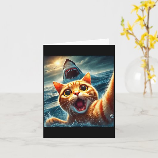 Cat Selfie With Shark Funny  Kaart (Gele Bloem)