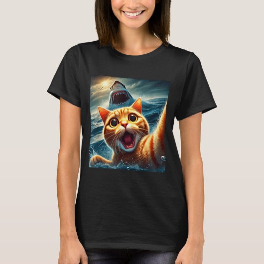 Cat Selfie With Shark Funny  T-shirt (Voorkant)