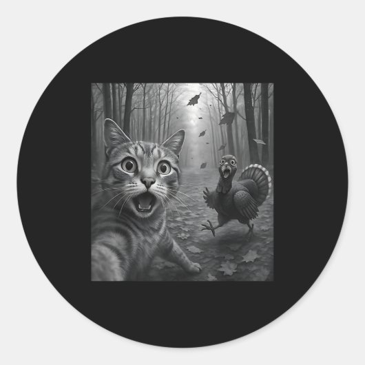Cat Selfie With Turkey Funny Happy Thanksgiving Da Ronde Sticker (Voorkant)
