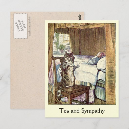 Cat serveert een beker van ❝ thee en sympathie ❞ briefkaart (Voorkant / Achterkant)