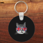 Cat Shirt Union Jack Flag Country Retro England Br Sleutelhanger (Voorkant)