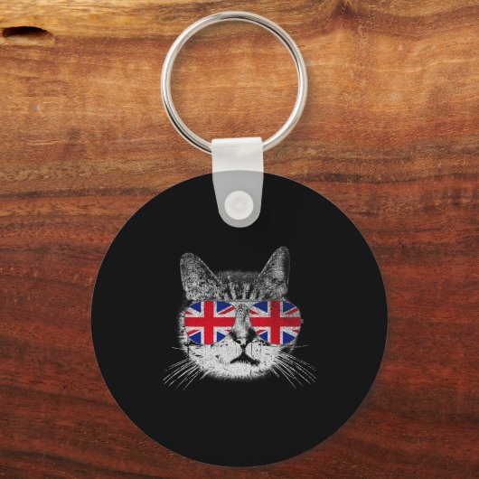 Cat Shirt Union Jack Flag Country Retro England Br Sleutelhanger (Voorkant)