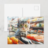 Cat shopping in grocery store with produce feestdagenkaart (Voorkant / Achterkant)