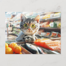 Cat shopping in grocery store with produce feestdagenkaart