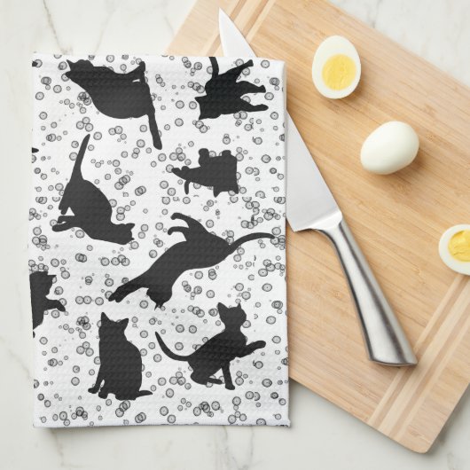 Cat Silhouette Black & White doedle bubble Theedoek (Quarter Fold)