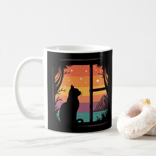 Cat Silhouette Retro Zonsondergang Koffiemok (Met donut)