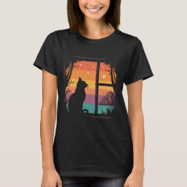 Cat Silhouette Retro Zonsondergang T-shirt