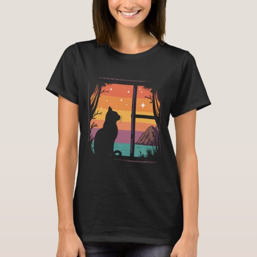 Cat Silhouette Retro Zonsondergang T-shirt (Voorkant)